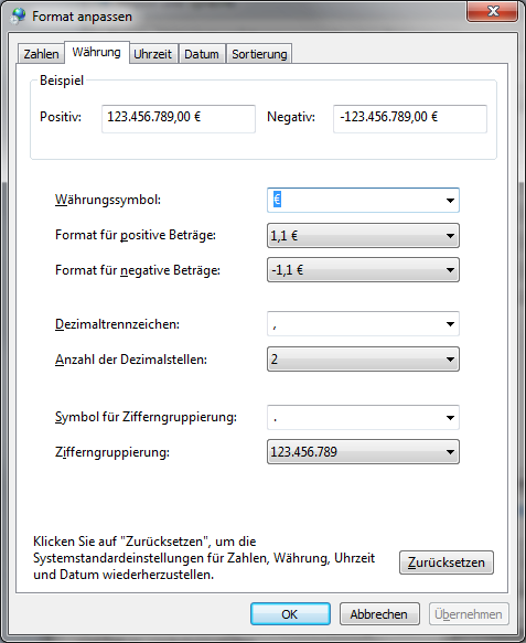 Einstellung zur aktuell verwendeten Währung.