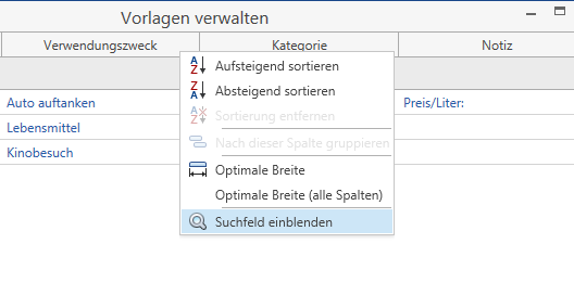 Öffnen des Suchfensters über das Kontextmenü