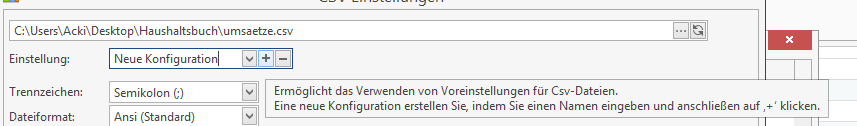 Neue Konfiguration für eine CSV-Datei