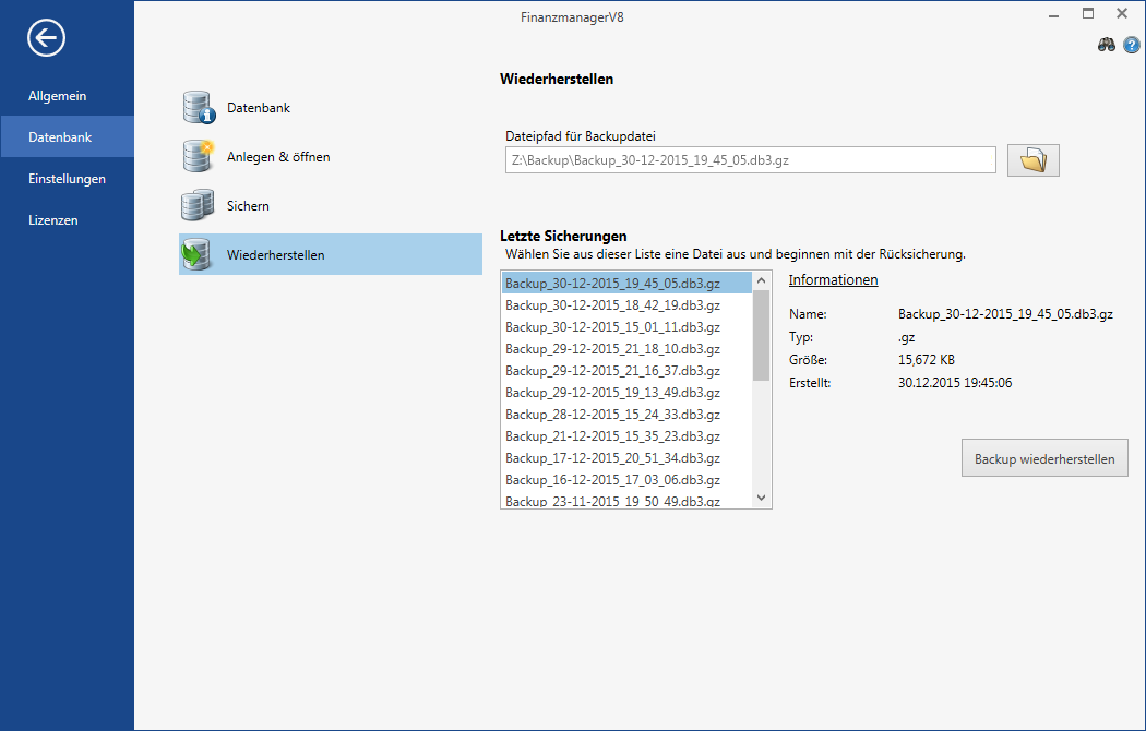 Übersicht aller vorhandenen Backups Ihrer Datenbank