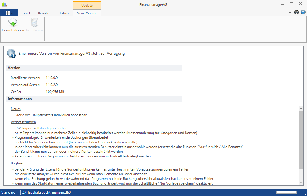 Im Update-Fenster gibt es Informationen zur neuen Version.