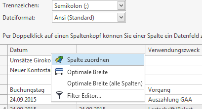 Spalte zuordnen über das Kontextmenü