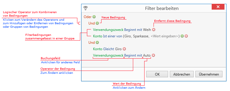 Erklärung der grafischen Elemente des Filtereditors