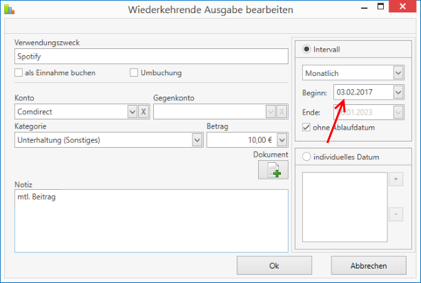 Das Startdatum der wiederkehrenden Buchung auf den 01.02.2018 umstellen