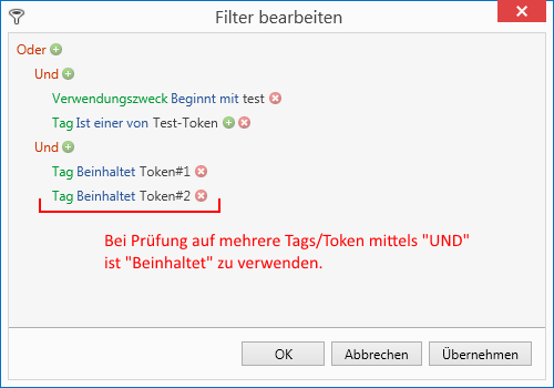 Tokens / Tags über den Operator "Beinhaltet" filtern