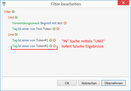 Tokens / Tags über den Operator "IN" filtern