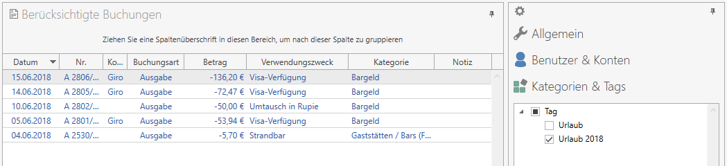 Buchungen nach einem oder mehreren Hashtags gefiltert