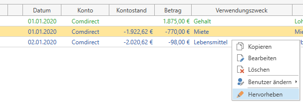 Buchungen über das Kontextmenü hervorheben