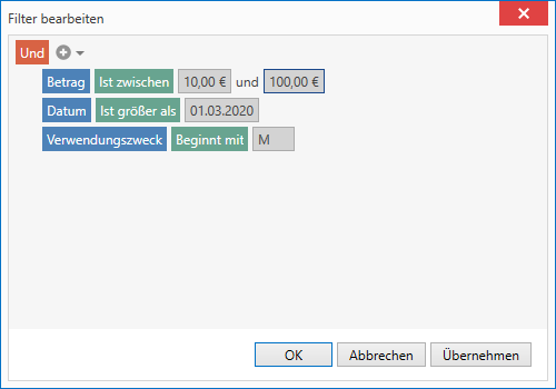 Die Buchungen können auch mit Hilfe eines Filters dargestellt werden.