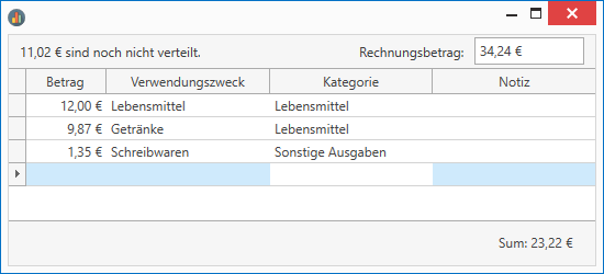 Rechnungsposten aufteilen und unterschiedlichen Kategorien zuweisen.