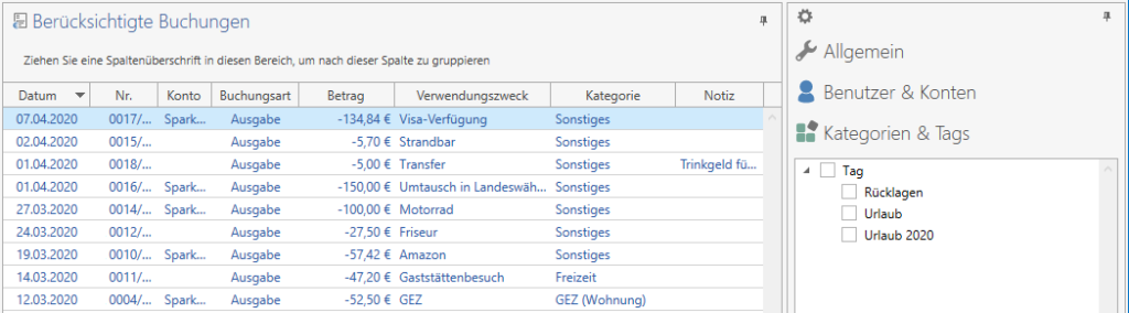 Vollständige Liste der Buchungen ohne Filter für Hashtags